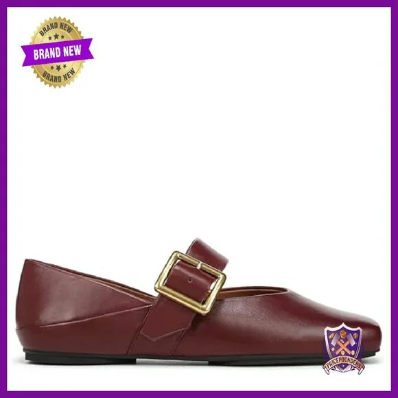 Leather Ballet Flats with Adjustable Buckle Strap, Square Toe, Size 7